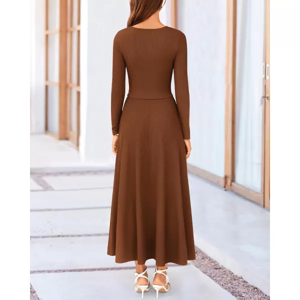 BTFBM Two Piece Skirt Sets For Women 2024 Trendy Fall Outfits Ribbed Knit Long Sleeve Crop Top Flowy Midi Skirt SetSolid Dark Brown