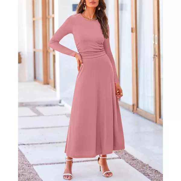 BTFBM Two Piece Skirt Sets For Women 2024 Trendy Fall Outfits Ribbed Knit Long Sleeve Crop Top Flowy Midi Skirt SetSolid Dusty Pink