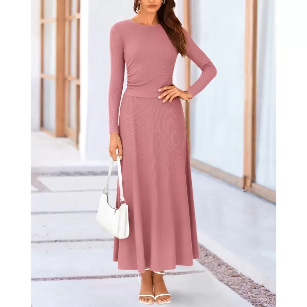 BTFBM Two Piece Skirt Sets For Women 2024 Trendy Fall Outfits Ribbed Knit Long Sleeve Crop Top Flowy Midi Skirt SetSolid Dusty Pink