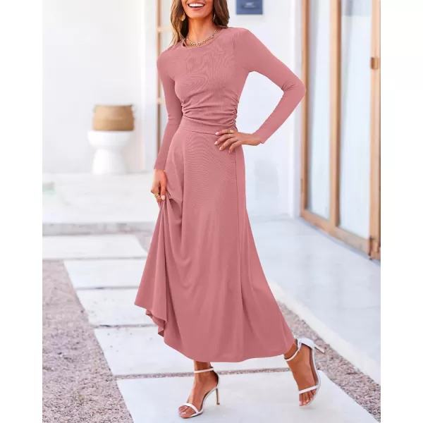 BTFBM Two Piece Skirt Sets For Women 2024 Trendy Fall Outfits Ribbed Knit Long Sleeve Crop Top Flowy Midi Skirt SetSolid Dusty Pink