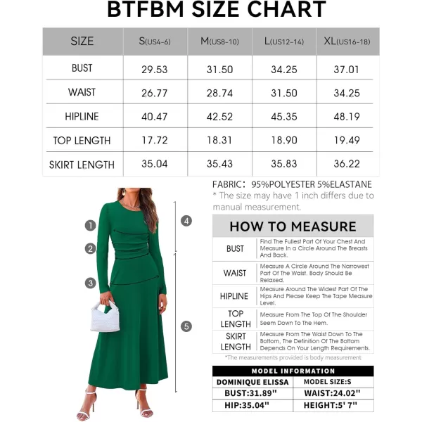 BTFBM Two Piece Skirt Sets For Women 2024 Trendy Fall Outfits Ribbed Knit Long Sleeve Crop Top Flowy Midi Skirt SetSolid Green