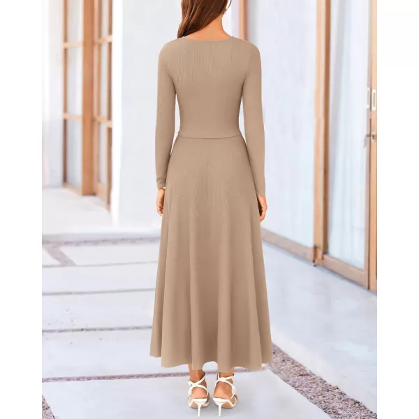 BTFBM Two Piece Skirt Sets For Women 2024 Trendy Fall Outfits Ribbed Knit Long Sleeve Crop Top Flowy Midi Skirt SetSolid Khaki