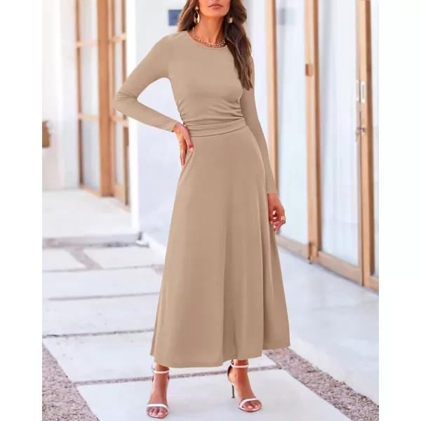 BTFBM Two Piece Skirt Sets For Women 2024 Trendy Fall Outfits Ribbed Knit Long Sleeve Crop Top Flowy Midi Skirt SetSolid Khaki