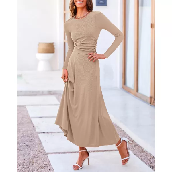 BTFBM Two Piece Skirt Sets For Women 2024 Trendy Fall Outfits Ribbed Knit Long Sleeve Crop Top Flowy Midi Skirt SetSolid Khaki