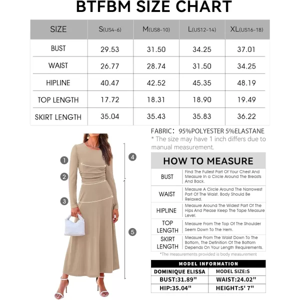 BTFBM Two Piece Skirt Sets For Women 2024 Trendy Fall Outfits Ribbed Knit Long Sleeve Crop Top Flowy Midi Skirt SetSolid Khaki