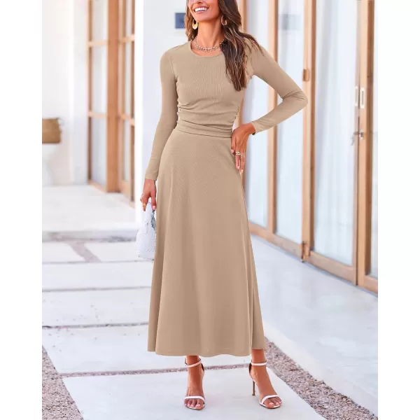 BTFBM Two Piece Skirt Sets For Women 2024 Trendy Fall Outfits Ribbed Knit Long Sleeve Crop Top Flowy Midi Skirt SetSolid Khaki