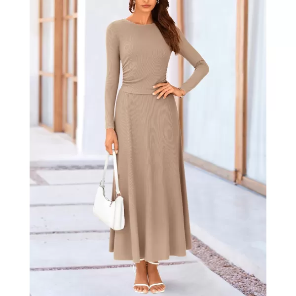 BTFBM Two Piece Skirt Sets For Women 2024 Trendy Fall Outfits Ribbed Knit Long Sleeve Crop Top Flowy Midi Skirt SetSolid Khaki