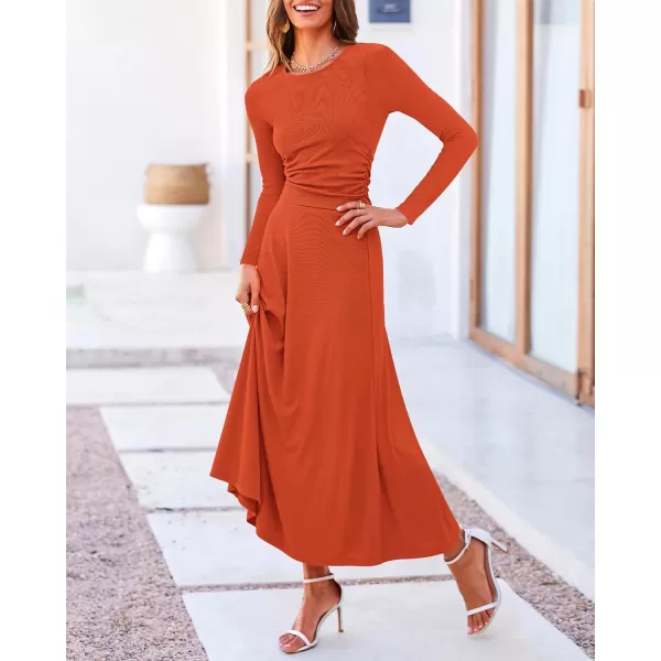 BTFBM Two Piece Skirt Sets For Women 2024 Trendy Fall Outfits Ribbed Knit Long Sleeve Crop Top Flowy Midi Skirt SetSolid Orange