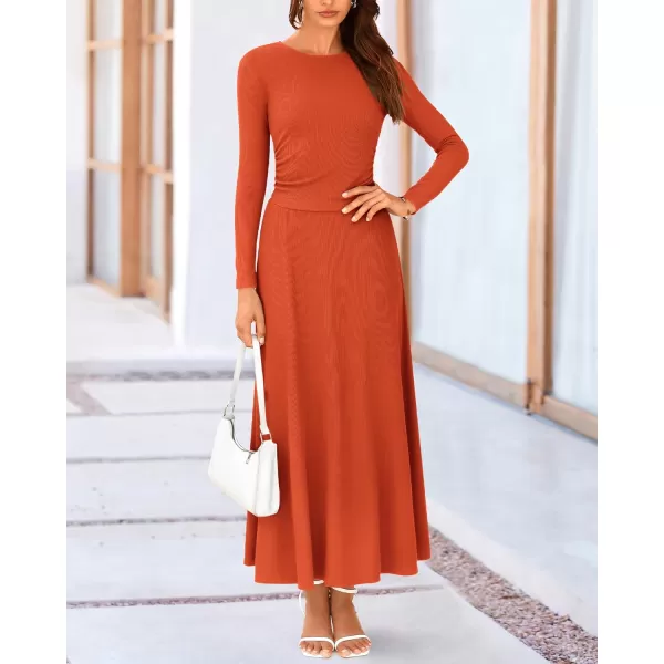 BTFBM Two Piece Skirt Sets For Women 2024 Trendy Fall Outfits Ribbed Knit Long Sleeve Crop Top Flowy Midi Skirt SetSolid Orange