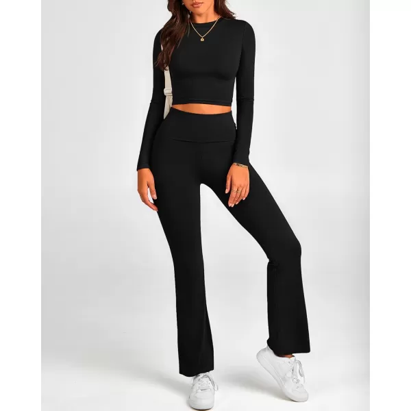 BTFBM Women 2 Piece Lounge Sets Fold Over Yoga Pants Long Sleeve Cropped Top Matching Set Two Piece Tracksuit PajamasSolid Black
