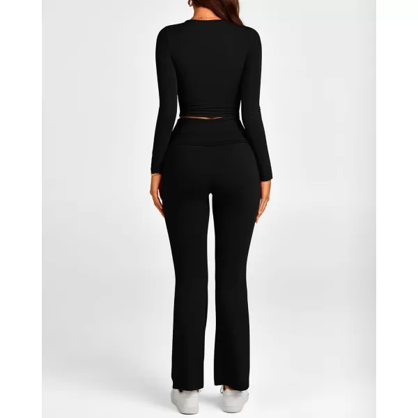 BTFBM Women 2 Piece Lounge Sets Fold Over Yoga Pants Long Sleeve Cropped Top Matching Set Two Piece Tracksuit PajamasSolid Black