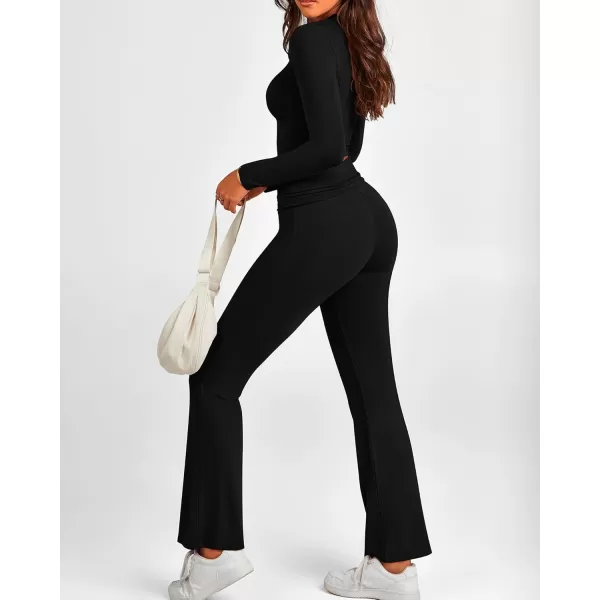 BTFBM Women 2 Piece Lounge Sets Fold Over Yoga Pants Long Sleeve Cropped Top Matching Set Two Piece Tracksuit PajamasSolid Black