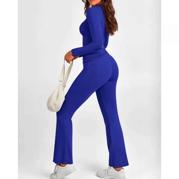 BTFBM Women 2 Piece Lounge Sets Fold Over Yoga Pants Long Sleeve Cropped Top Matching Set Two Piece Tracksuit PajamasSolid Brilliant Blue