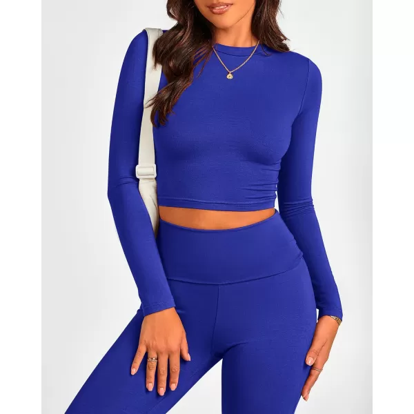 BTFBM Women 2 Piece Lounge Sets Fold Over Yoga Pants Long Sleeve Cropped Top Matching Set Two Piece Tracksuit PajamasSolid Brilliant Blue