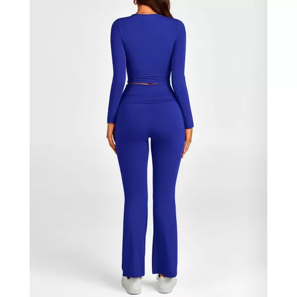 BTFBM Women 2 Piece Lounge Sets Fold Over Yoga Pants Long Sleeve Cropped Top Matching Set Two Piece Tracksuit PajamasSolid Brilliant Blue