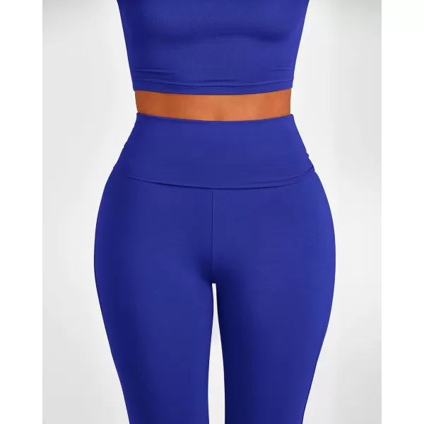 BTFBM Women 2 Piece Lounge Sets Fold Over Yoga Pants Long Sleeve Cropped Top Matching Set Two Piece Tracksuit PajamasSolid Brilliant Blue