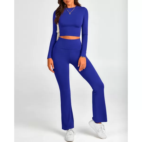 BTFBM Women 2 Piece Lounge Sets Fold Over Yoga Pants Long Sleeve Cropped Top Matching Set Two Piece Tracksuit PajamasSolid Brilliant Blue