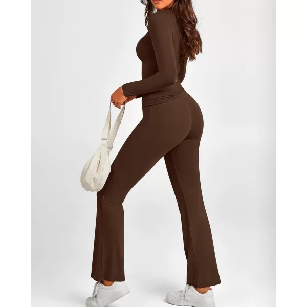 BTFBM Women 2 Piece Lounge Sets Fold Over Yoga Pants Long Sleeve Cropped Top Matching Set Two Piece Tracksuit PajamasSolid Coffee