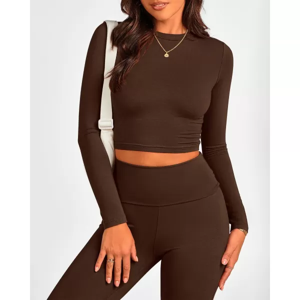 BTFBM Women 2 Piece Lounge Sets Fold Over Yoga Pants Long Sleeve Cropped Top Matching Set Two Piece Tracksuit PajamasSolid Coffee