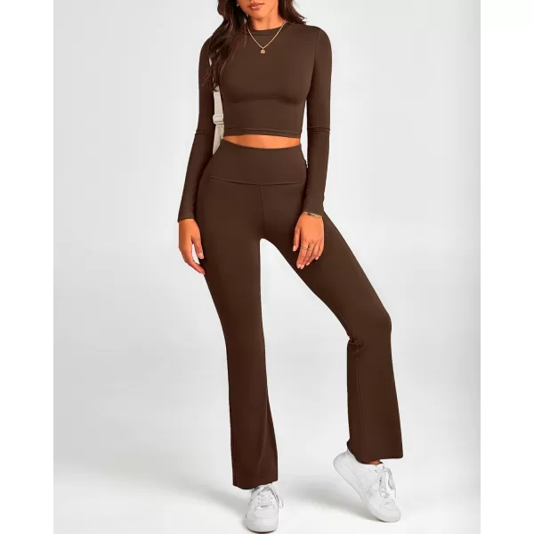 BTFBM Women 2 Piece Lounge Sets Fold Over Yoga Pants Long Sleeve Cropped Top Matching Set Two Piece Tracksuit PajamasSolid Coffee