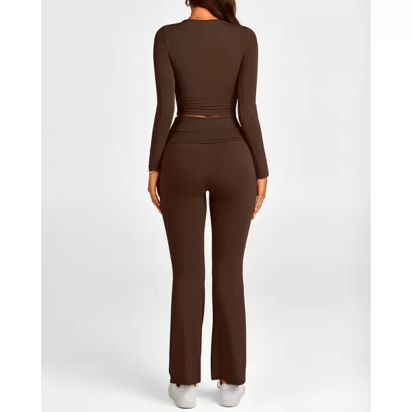 BTFBM Women 2 Piece Lounge Sets Fold Over Yoga Pants Long Sleeve Cropped Top Matching Set Two Piece Tracksuit PajamasSolid Coffee