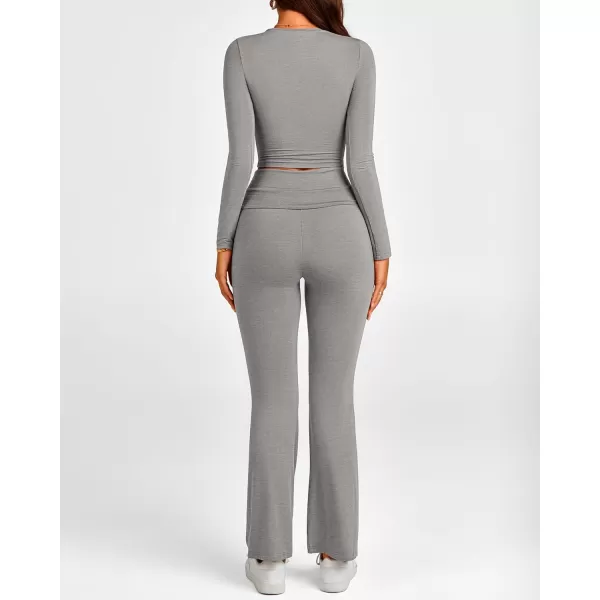 BTFBM Women 2 Piece Lounge Sets Fold Over Yoga Pants Long Sleeve Cropped Top Matching Set Two Piece Tracksuit PajamasSolid Grey