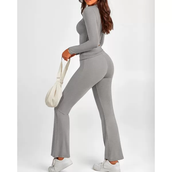 BTFBM Women 2 Piece Lounge Sets Fold Over Yoga Pants Long Sleeve Cropped Top Matching Set Two Piece Tracksuit PajamasSolid Grey