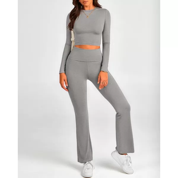 BTFBM Women 2 Piece Lounge Sets Fold Over Yoga Pants Long Sleeve Cropped Top Matching Set Two Piece Tracksuit PajamasSolid Grey