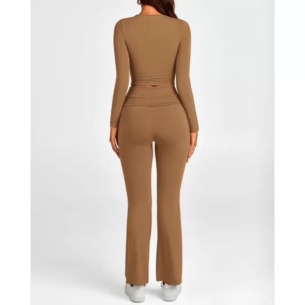 BTFBM Women 2 Piece Lounge Sets Fold Over Yoga Pants Long Sleeve Cropped Top Matching Set Two Piece Tracksuit PajamasSolid Khaki