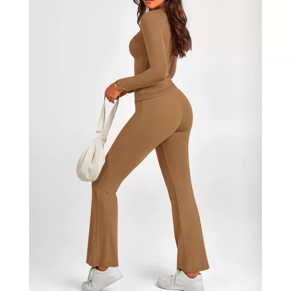 BTFBM Women 2 Piece Lounge Sets Fold Over Yoga Pants Long Sleeve Cropped Top Matching Set Two Piece Tracksuit PajamasSolid Khaki