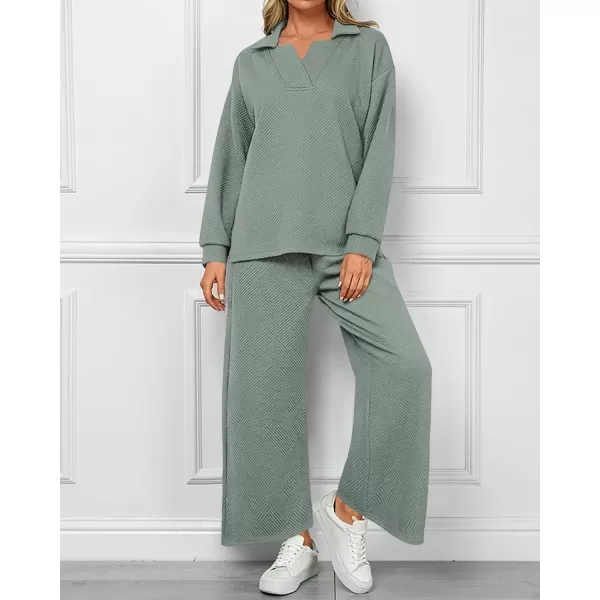 BTFBM Women 2 Piece Outfit 2024 Fall Winter Lapel V Neck Long Sleeve Pullover and Wide Leg Pants Lounge Sets PocketsSolid Bean Green