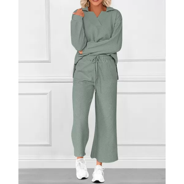 BTFBM Women 2 Piece Outfit 2024 Fall Winter Lapel V Neck Long Sleeve Pullover and Wide Leg Pants Lounge Sets PocketsSolid Bean Green