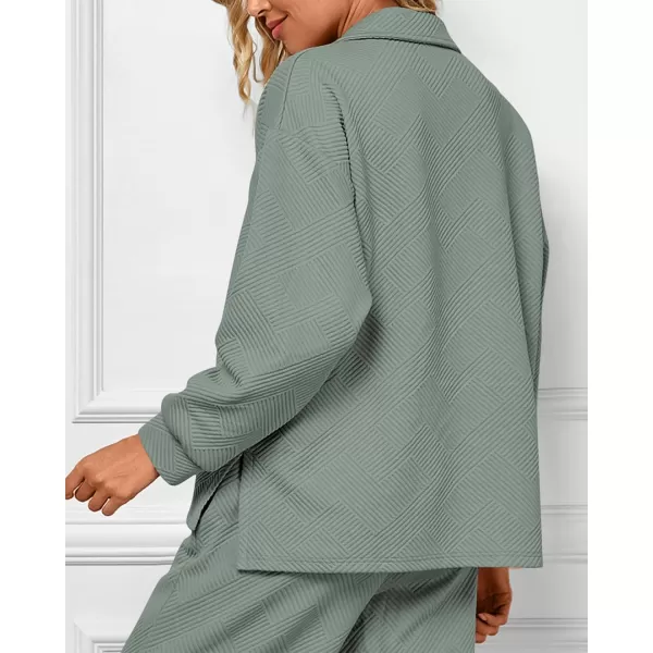 BTFBM Women 2 Piece Outfit 2024 Fall Winter Lapel V Neck Long Sleeve Pullover and Wide Leg Pants Lounge Sets PocketsSolid Bean Green