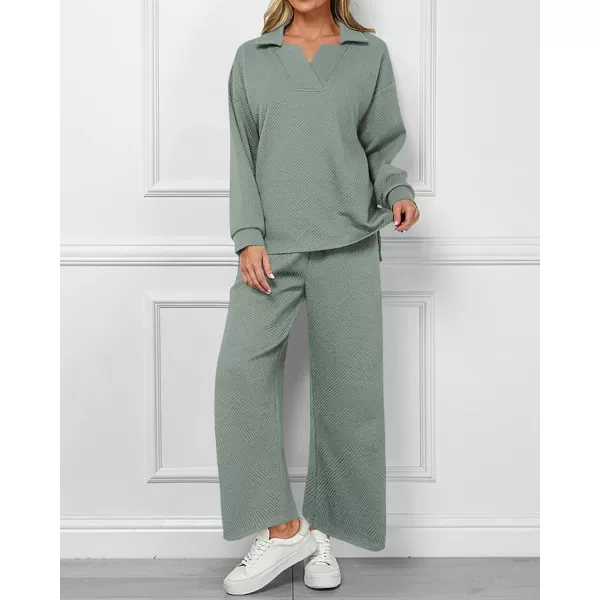 BTFBM Women 2 Piece Outfit 2024 Fall Winter Lapel V Neck Long Sleeve Pullover and Wide Leg Pants Lounge Sets PocketsSolid Bean Green