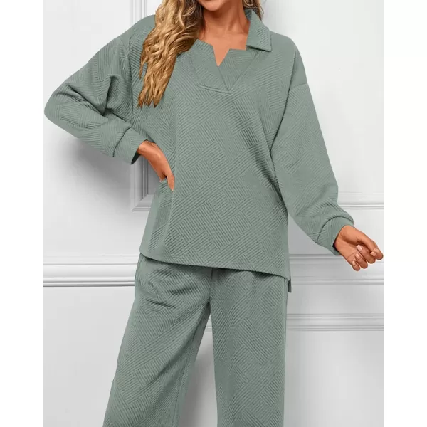 BTFBM Women 2 Piece Outfit 2024 Fall Winter Lapel V Neck Long Sleeve Pullover and Wide Leg Pants Lounge Sets PocketsSolid Bean Green
