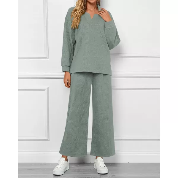 BTFBM Women 2 Piece Outfit 2024 Fall Winter Lapel V Neck Long Sleeve Pullover and Wide Leg Pants Lounge Sets PocketsSolid Bean Green