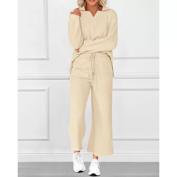 BTFBM Women 2 Piece Outfit 2024 Fall Winter Lapel V Neck Long Sleeve Pullover and Wide Leg Pants Lounge Sets PocketsSolid Beige