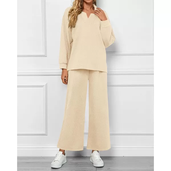 BTFBM Women 2 Piece Outfit 2024 Fall Winter Lapel V Neck Long Sleeve Pullover and Wide Leg Pants Lounge Sets PocketsSolid Beige