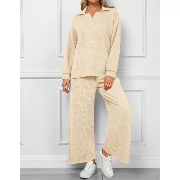 BTFBM Women 2 Piece Outfit 2024 Fall Winter Lapel V Neck Long Sleeve Pullover and Wide Leg Pants Lounge Sets PocketsSolid Beige