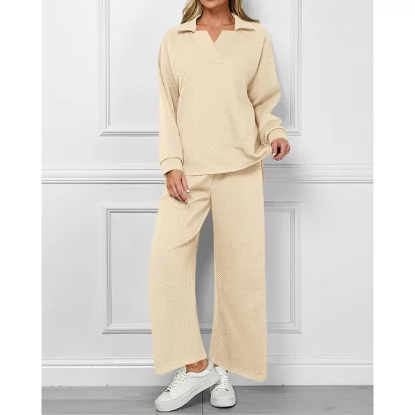 BTFBM Women 2 Piece Outfit 2024 Fall Winter Lapel V Neck Long Sleeve Pullover and Wide Leg Pants Lounge Sets PocketsSolid Beige