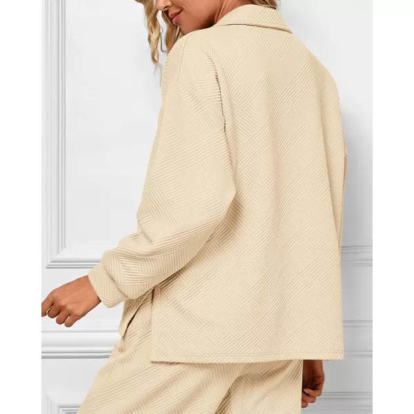 BTFBM Women 2 Piece Outfit 2024 Fall Winter Lapel V Neck Long Sleeve Pullover and Wide Leg Pants Lounge Sets PocketsSolid Beige
