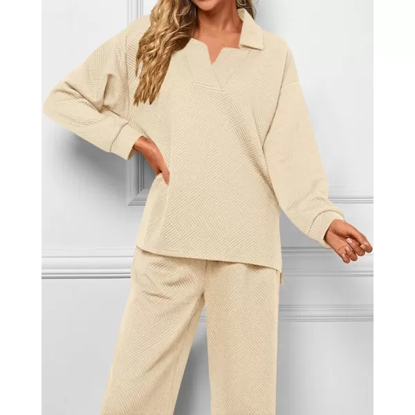 BTFBM Women 2 Piece Outfit 2024 Fall Winter Lapel V Neck Long Sleeve Pullover and Wide Leg Pants Lounge Sets PocketsSolid Beige