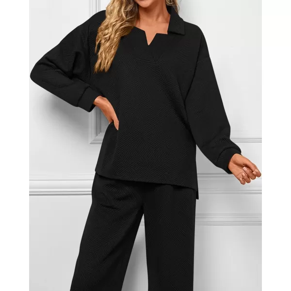 BTFBM Women 2 Piece Outfit 2024 Fall Winter Lapel V Neck Long Sleeve Pullover and Wide Leg Pants Lounge Sets PocketsSolid Black