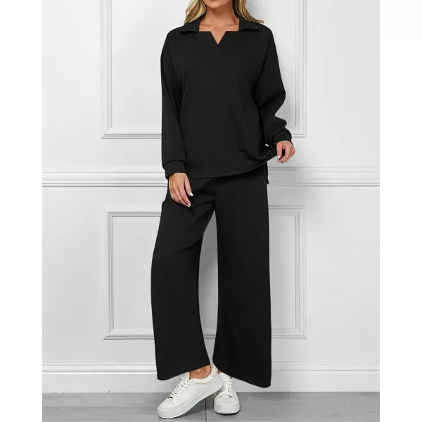 BTFBM Women 2 Piece Outfit 2024 Fall Winter Lapel V Neck Long Sleeve Pullover and Wide Leg Pants Lounge Sets PocketsSolid Black