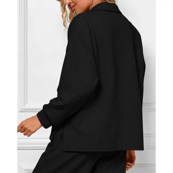 BTFBM Women 2 Piece Outfit 2024 Fall Winter Lapel V Neck Long Sleeve Pullover and Wide Leg Pants Lounge Sets PocketsSolid Black