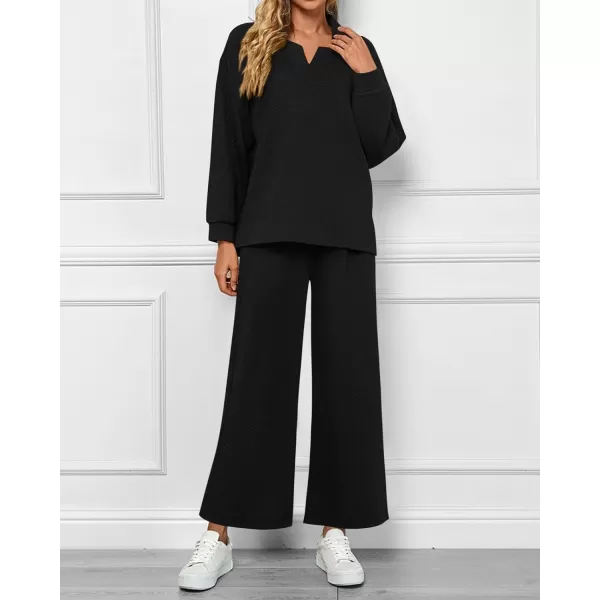 BTFBM Women 2 Piece Outfit 2024 Fall Winter Lapel V Neck Long Sleeve Pullover and Wide Leg Pants Lounge Sets PocketsSolid Black