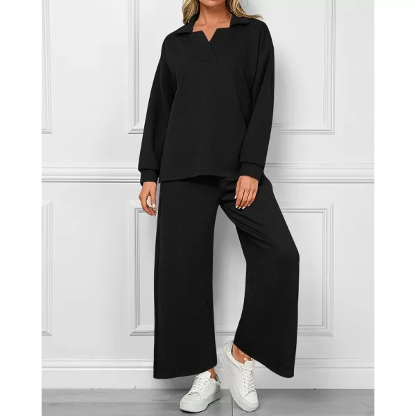 BTFBM Women 2 Piece Outfit 2024 Fall Winter Lapel V Neck Long Sleeve Pullover and Wide Leg Pants Lounge Sets PocketsSolid Black