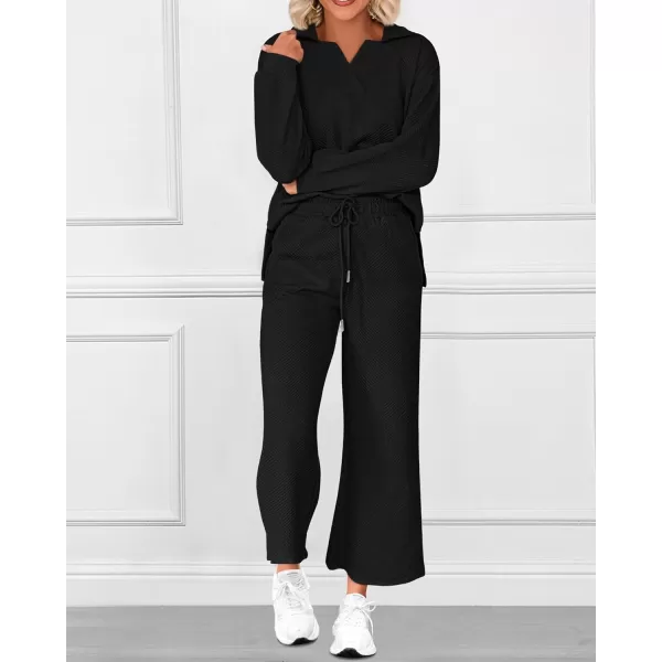 BTFBM Women 2 Piece Outfit 2024 Fall Winter Lapel V Neck Long Sleeve Pullover and Wide Leg Pants Lounge Sets PocketsSolid Black