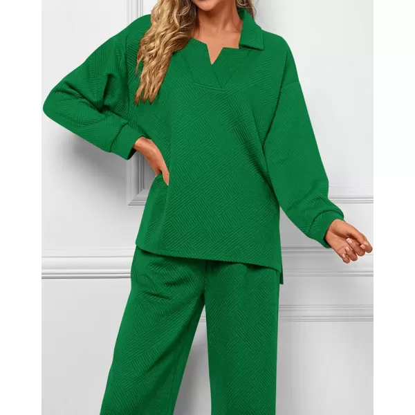 BTFBM Women 2 Piece Outfit 2024 Fall Winter Lapel V Neck Long Sleeve Pullover and Wide Leg Pants Lounge Sets PocketsSolid Green