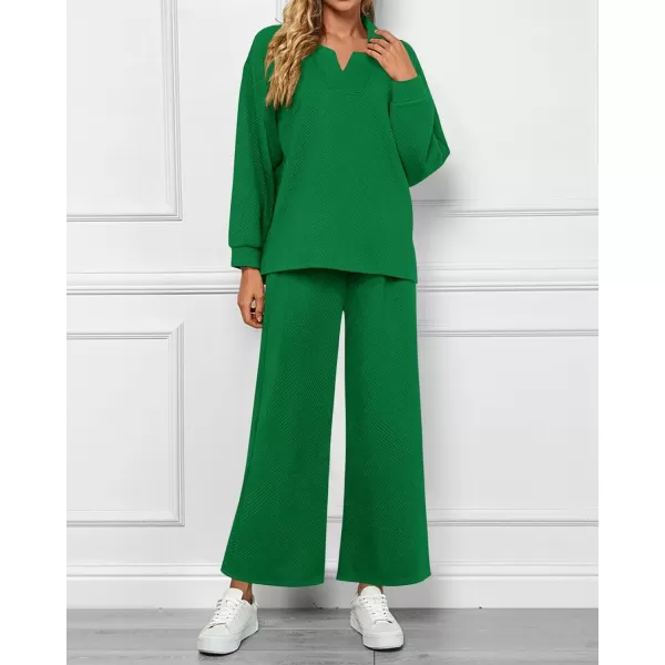 BTFBM Women 2 Piece Outfit 2024 Fall Winter Lapel V Neck Long Sleeve Pullover and Wide Leg Pants Lounge Sets PocketsSolid Green